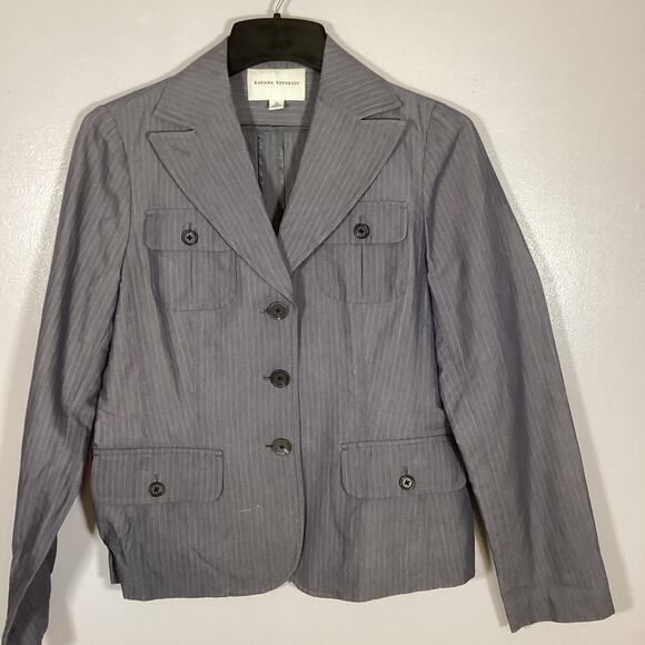 Banana Republic Grey Pinstripe 3 Button Blazer 12 Cotton Silk Blend Career Work - Picture 1 of 10